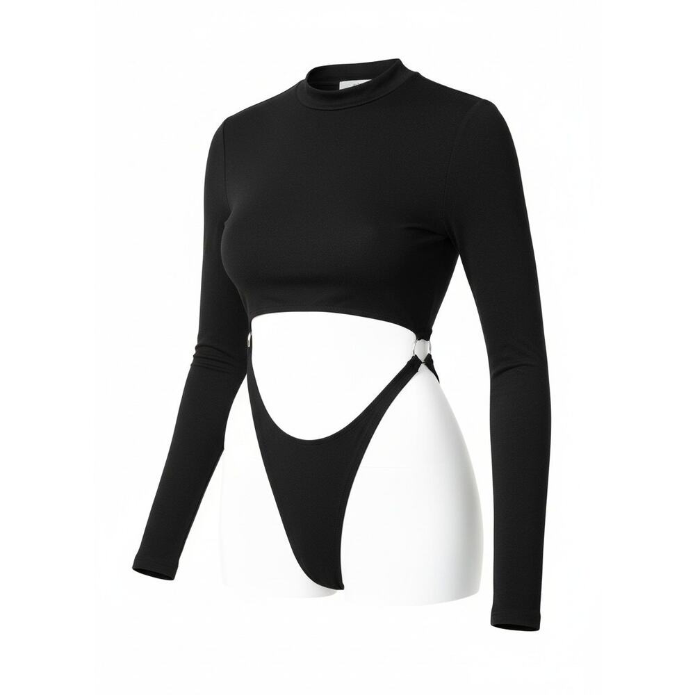 Adika Black Cutout Ring Detail Long Sleeve Bodysuit Size M NWT